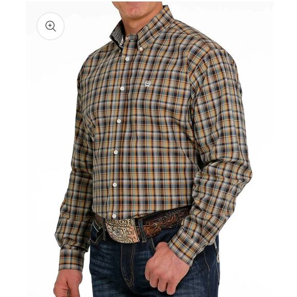 Cinch Mens Button Down Shirt Size XXL Brown Plaid Western Cowboy Contrast Cuff - Picture 1 of 14